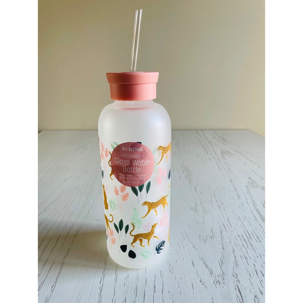 OCS Designs Glass Water Bottle Frosted Cheetah Print Pink Straw Lid  25oz